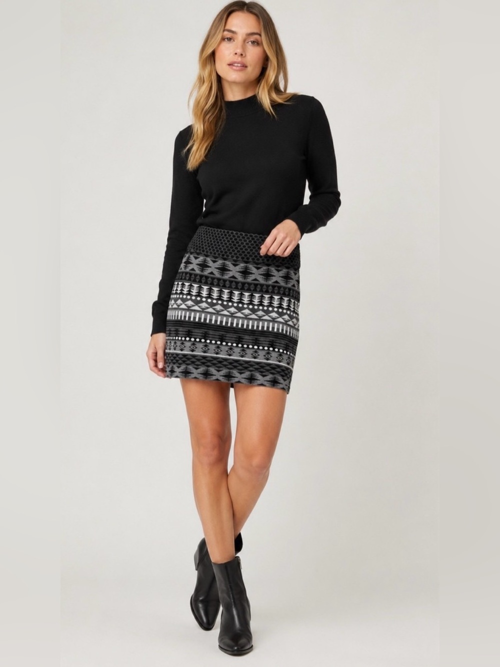 Krimson Klover Geometric Pattern A-Line Performance Knit Skirt- Ski Inspired